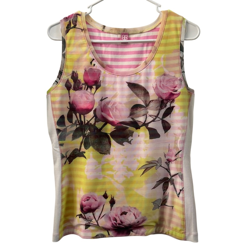 BASLER Womens Tank Top Rose Floral Print‎ Pink Stripes Sleeveless Mesh Front Top